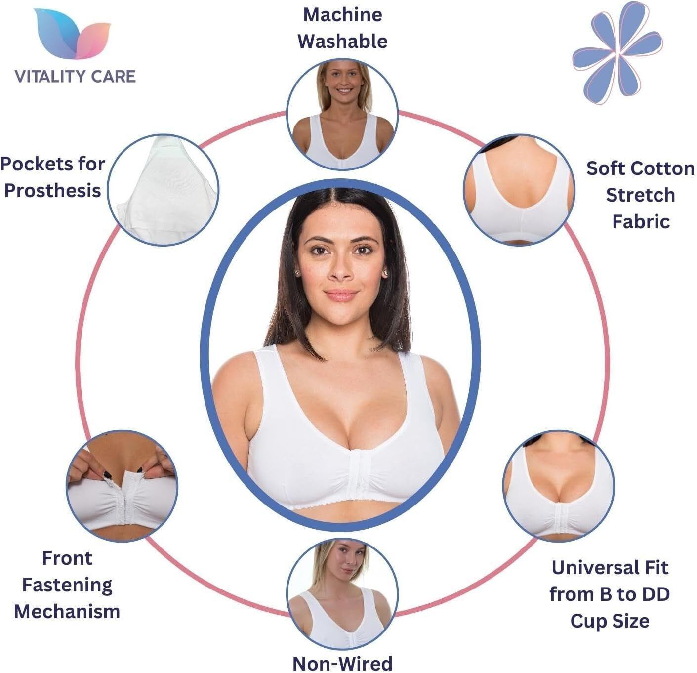 Mastectomy Front Fastening Bra for Women with Prosthesis Pockets Wireless Cotton