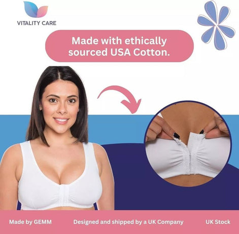 Vitality Care Mastectomy Bra Front Fastening Bra with Pockets Cotton Rich Wirefree Post Surgery Non Wired Soft Stretch for Ladies Women Easy Open