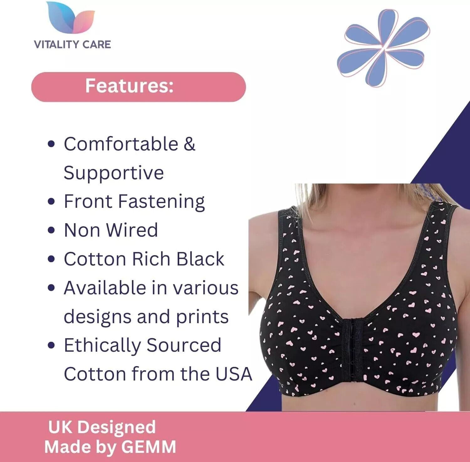 New Ladies Cotton Rich Front Fastening No Pads Wireless Comfort Bra 34