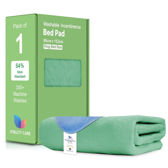 Vitality Care Waterproof Mattress Protector King Size 86x152cm, Washable Incontinence Bed Pad for Adults, Leakproof Absorbent Fabric, Green, 86x152cm Pack