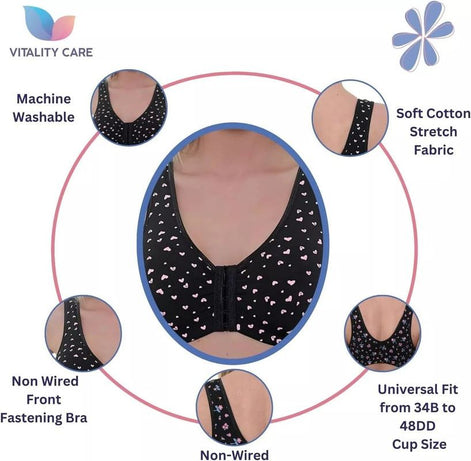 Vitality Care Front Fastening Bras for Women Non Wired Post Surgery Soft Cotton Lycra Bra