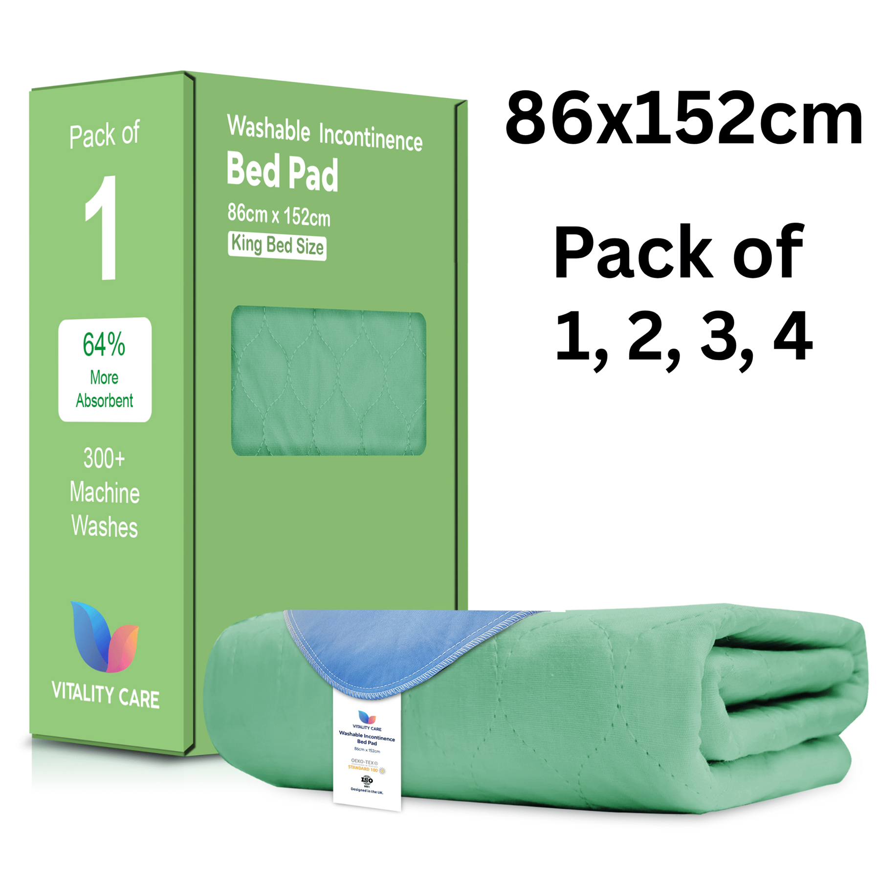 Vitality Care Waterproof Mattress Protector King Size 86x152cm, Washable Incontinence Bed Pad for Adults, Leakproof Absorbent Fabric, Green, 86x152cm Pack