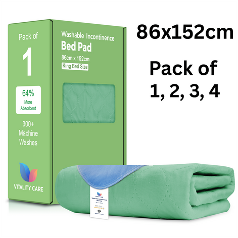 Vitality Care Waterproof Mattress Protector King Size 86x152cm, Washable Incontinence Bed Pad for Adults, Leakproof Absorbent Fabric, Green, 86x152cm Pack
