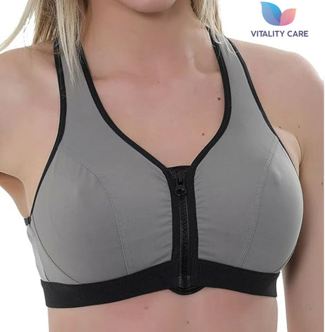 Ladies Sports Bra Zip Front Fastening Non Wired Unpadded Med Hold Uk Plus Size