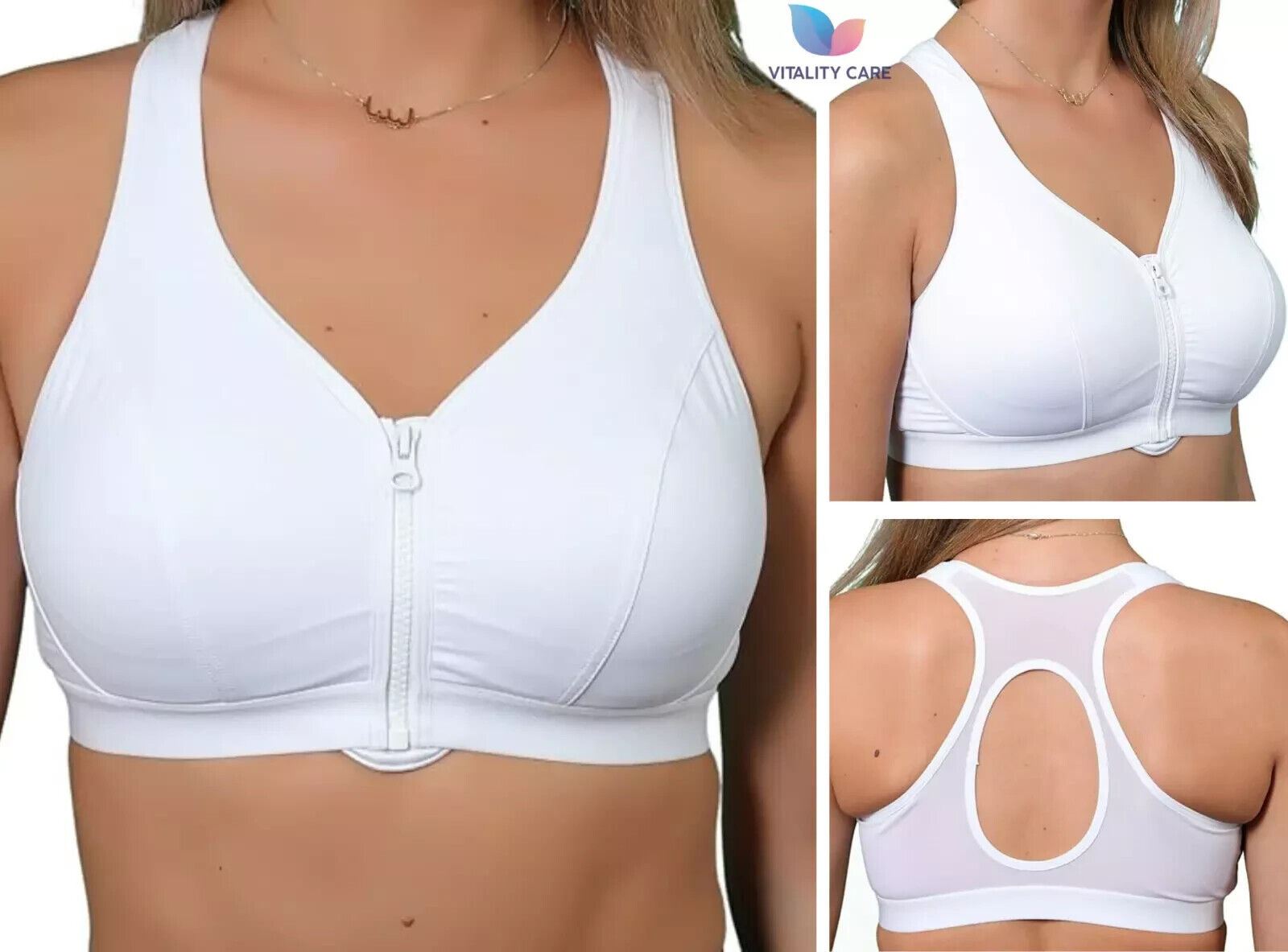 Ladies Sports Bra Zip Front Fastening Non Wired Unpadded Med Hold Uk Plus Size,,