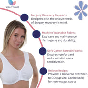 Mastectomy Front Fastening Bra for Women with Prosthesis Pockets Wireless Cotton