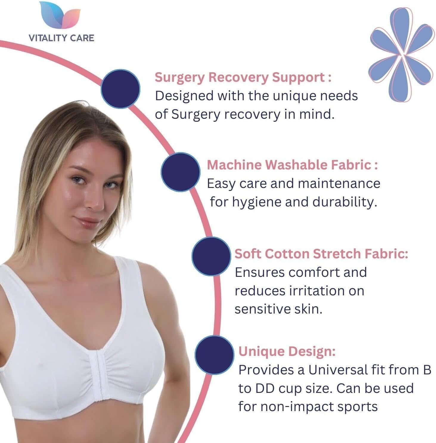 Mastectomy Front Fastening Bra for Women with Prosthesis Pockets Wireless Cotton