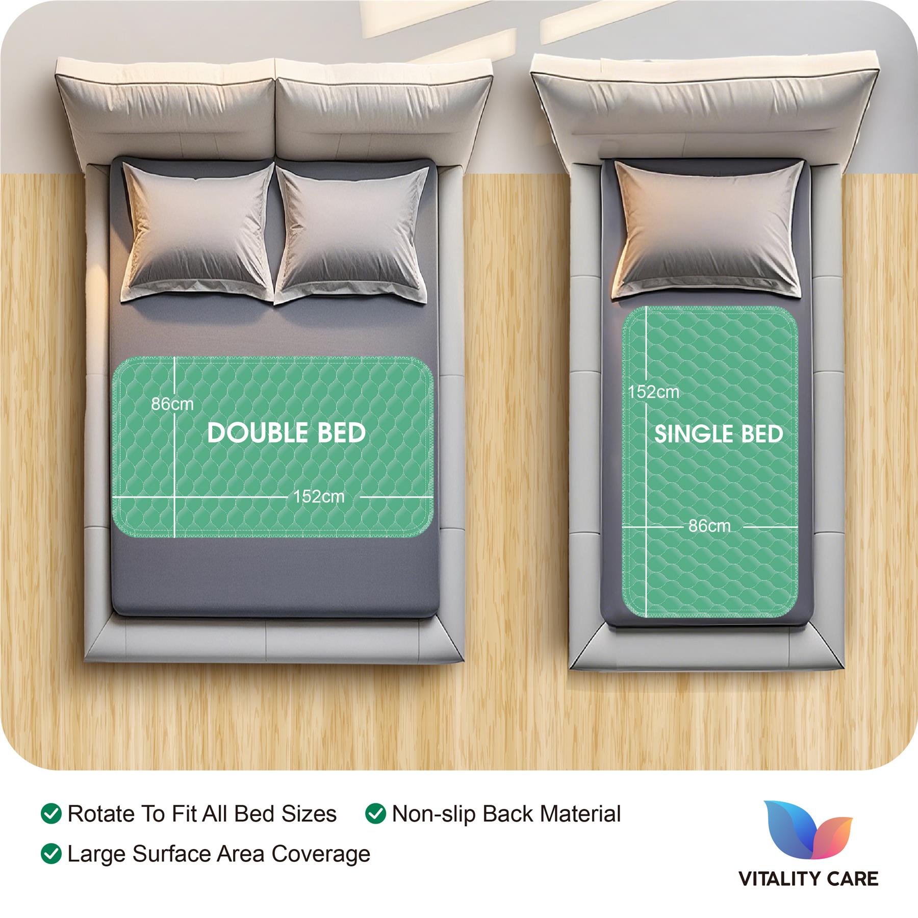 Vitality Care Waterproof Mattress Protector King Size 86x152cm, Washable Incontinence Bed Pad for Adults, Leakproof Absorbent Fabric, Green, 86x152cm Pack