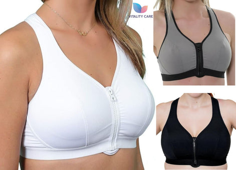 Ladies Sports Bra Zip Front Fastening Non Wired Unpadded Med Hold Uk Plus Size