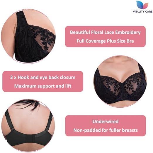 Womens Plus Size Lace Full Coverage Firm Hold Non Padded Underwired Full Cup Bra Black