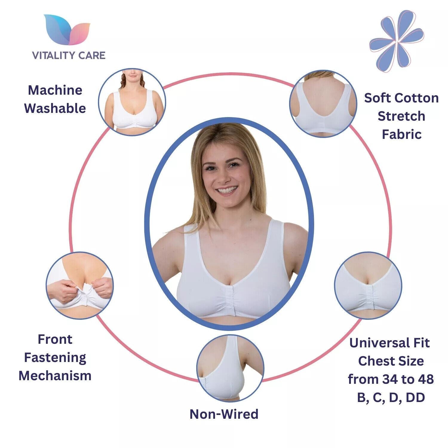 Front Fastening Bra Mastectomy Ladies Non Wired Soft Stretch Uk Size..