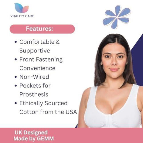 Vitality Care Mastectomy Bra Front Fastening Bra with Pockets Cotton Rich Wirefree Post Surgery Non Wired Soft Stretch for Ladies Women Easy Open