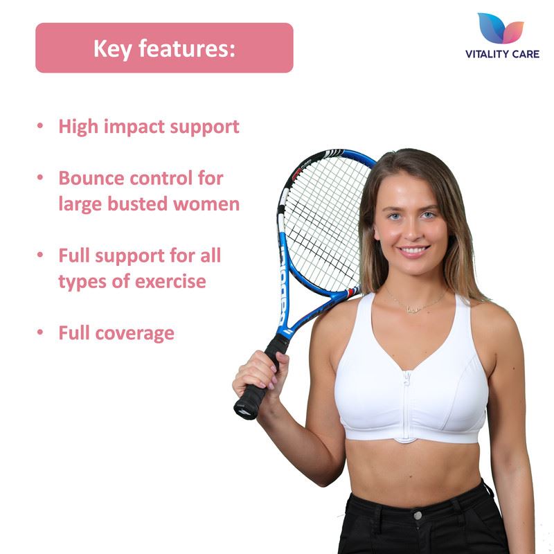 Ladies Sports Bra Zip Front Fastening Non Wired Unpadded Med Hold Uk Plus Size,,