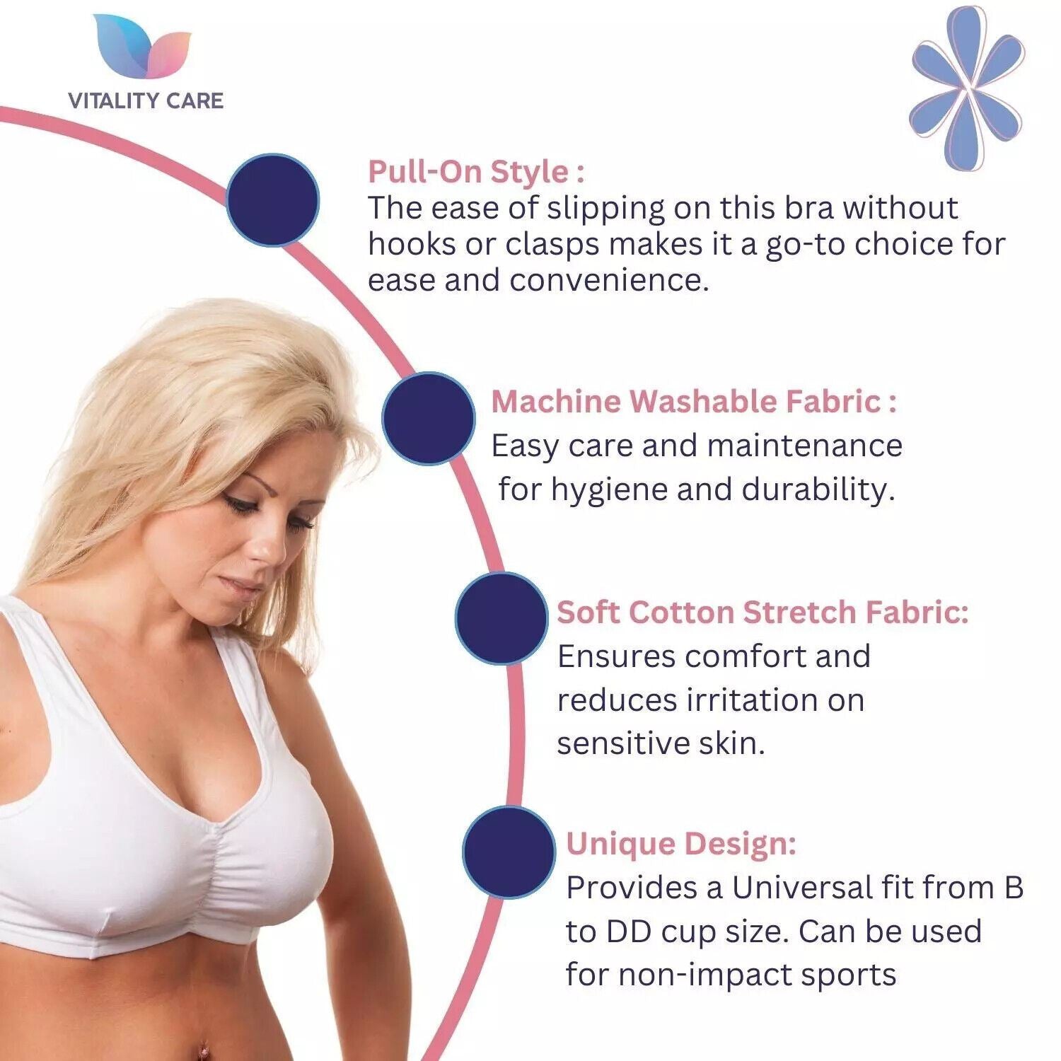 Vitality Care Ladies Full Cup Non Wired Bra Plus Size Firm Hold Large Non Padded Womens Comfort Soft Cotton Pull On Stretch Lycra Sleep Yoga Plus Size Bra UK