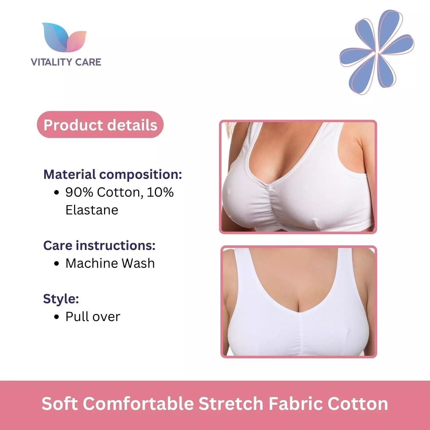 Vitality Care Ladies Full Cup Non Wired Bra Plus Size Firm Hold Large Non Padded Womens Comfort Soft Cotton Pull On Stretch Lycra Sleep Yoga Plus Size Bra UK