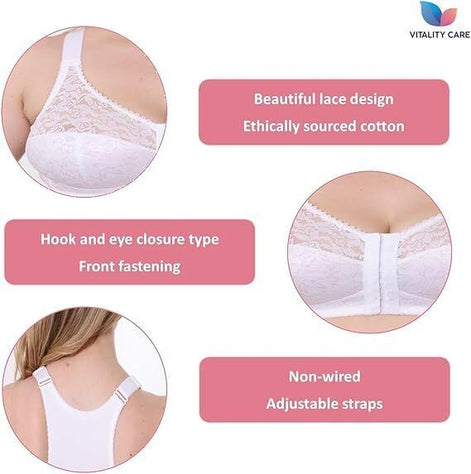 Ladies Front Fastening Firm Support Non Wired Lace Trim Bra Plus Size Uk Cups
