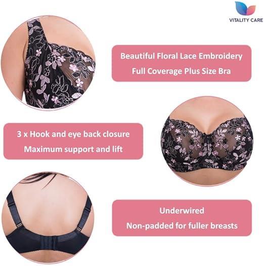 Womens Plus Size Lace Full Coverage Firm Hold Non Padded Underwired Full Cup Bra Black Pink