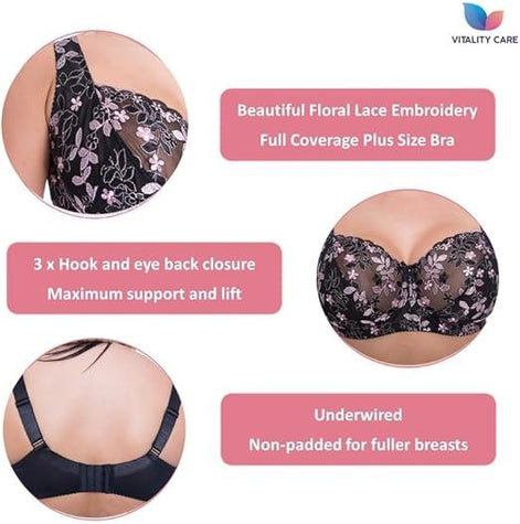 Womens Plus Size Lace Full Coverage Firm Hold Non Padded Underwired Full Cup Bra Black Pink