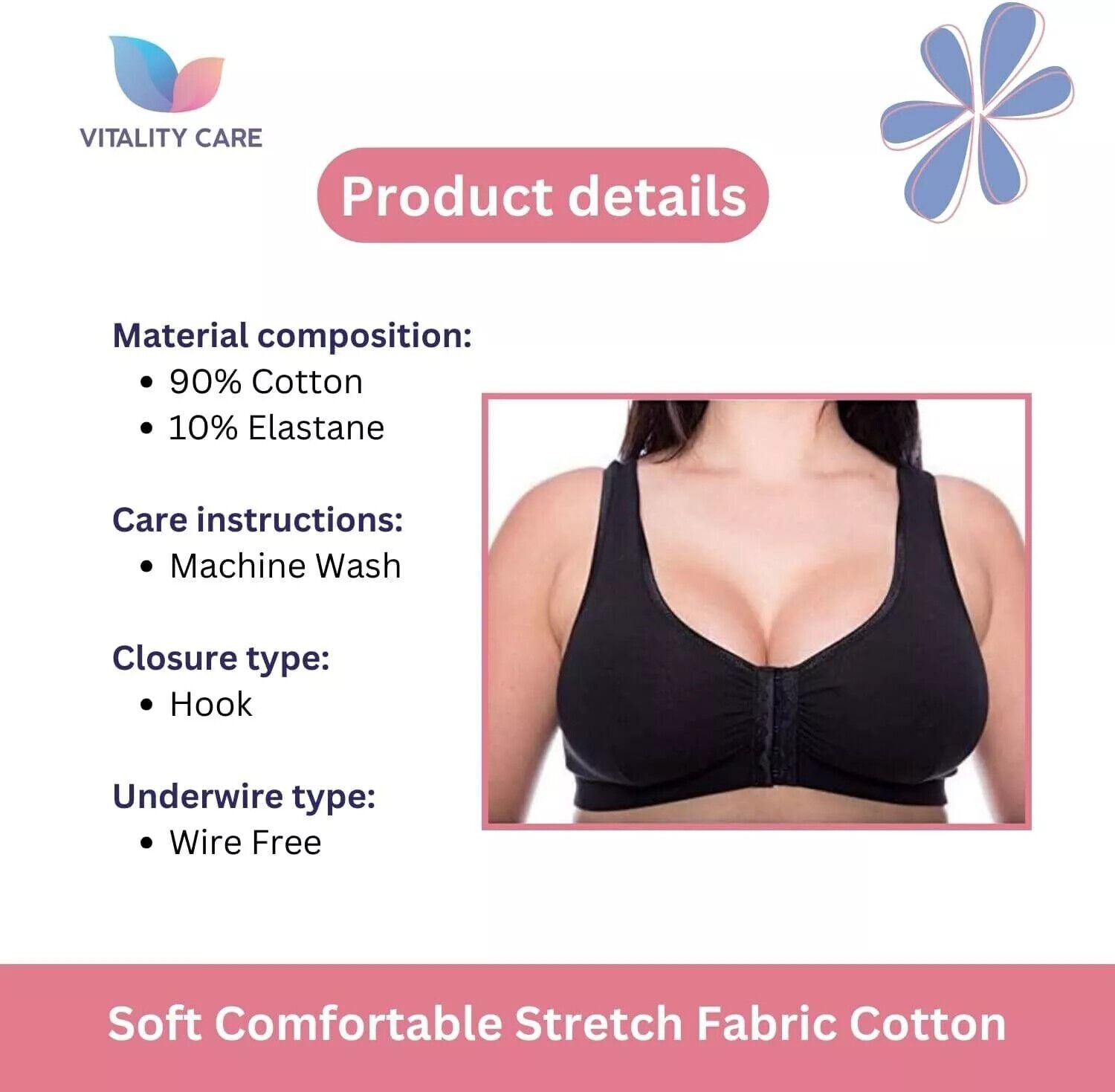 Front Fastening Bra Cotton Rich Ladies Non Wired Non Padded Soft Stretch Uk Size
