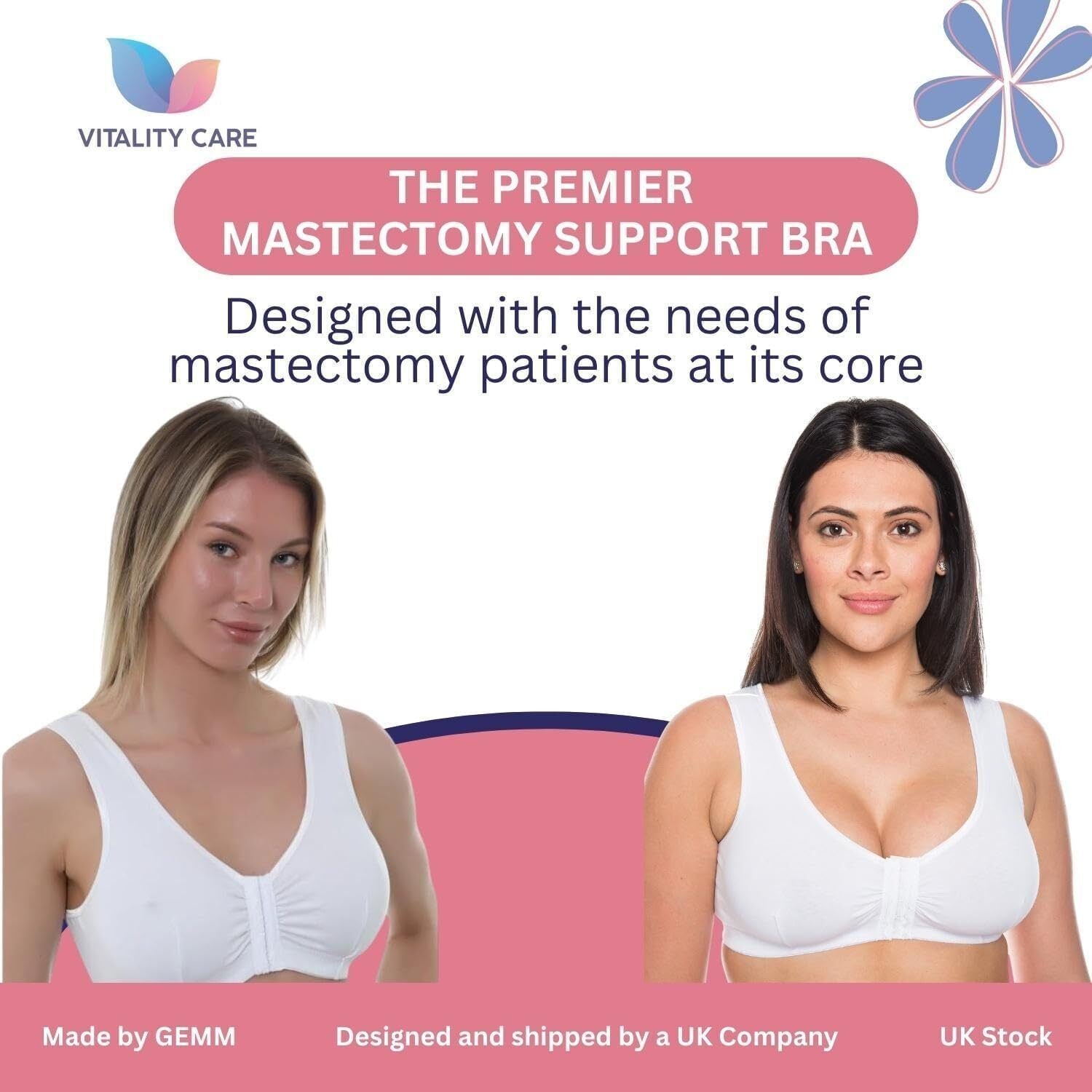 Mastectomy Front Fastening Bra for Women with Prosthesis Pockets Wireless Cotton