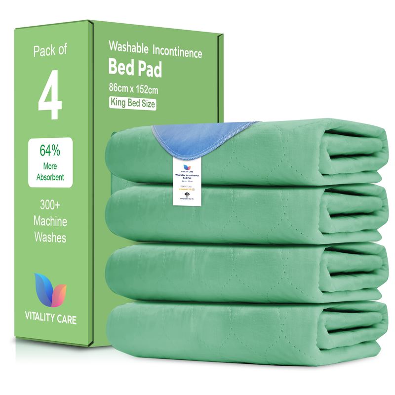 Vitality Care Waterproof Mattress Protector King Size 86x152cm, Washable Incontinence Bed Pad for Adults, Leakproof Absorbent Fabric, Green, 86x152cm Pack