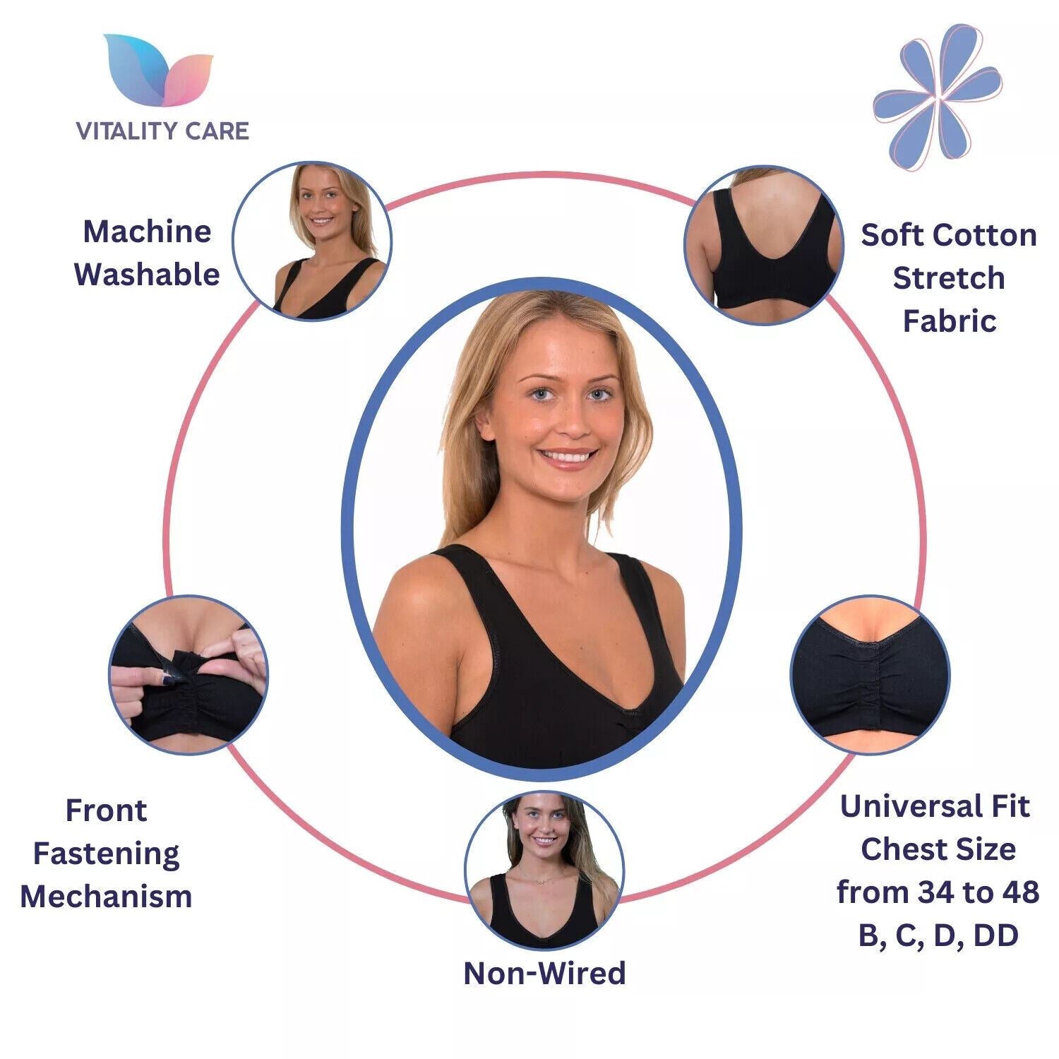 Front Fastening Bra Cotton Lycra Non Wired Soft Stretch Non Padded 34B-44DD Plus