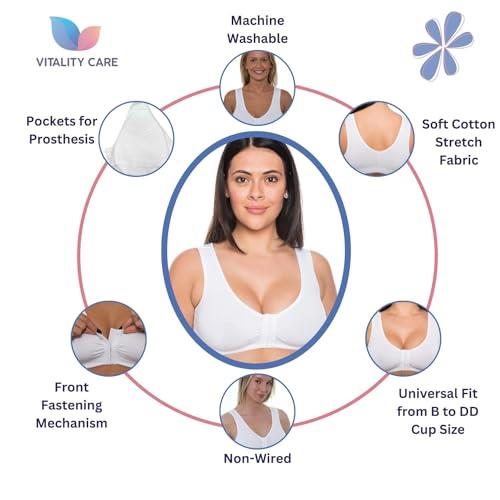 Vitality Care Mastectomy Bra Front Fastening Bra with Pockets Cotton Rich Wirefree Post Surgery Non Wired Soft Stretch for Ladies Women Easy Open