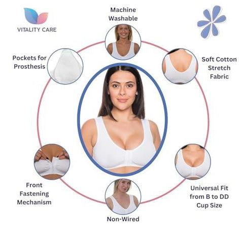 Vitality Care Mastectomy Bra Front Fastening Bra with Pockets Cotton Rich Wirefree Post Surgery Non Wired Soft Stretch for Ladies Women Easy Open