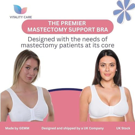 Vitality Care Mastectomy Bra Front Fastening Bra with Pockets Cotton Rich Wirefree Post Surgery Non Wired Soft Stretch for Ladies Women Easy Open
