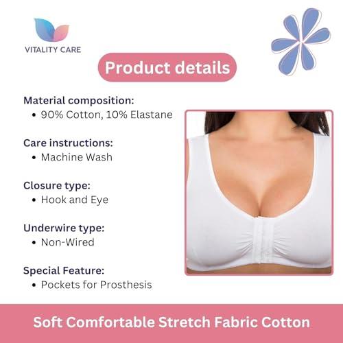 Vitality Care Mastectomy Bra Front Fastening Bra with Pockets Cotton Rich Wirefree Post Surgery Non Wired Soft Stretch for Ladies Women Easy Open
