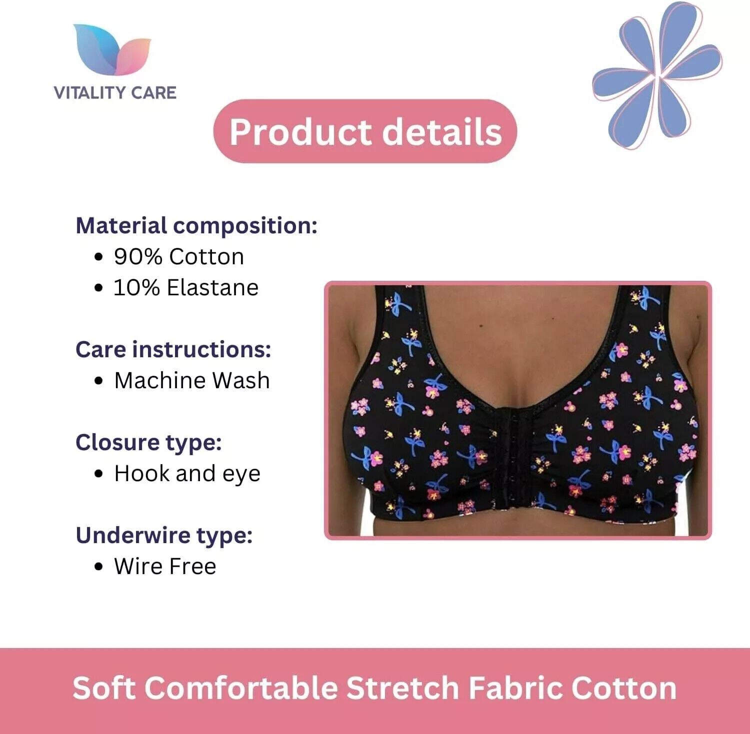 Front Fastening Bra Cotton Lycra Non Wired Soft Stretch Non Padded 34B-48DD New.