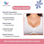 Mastectomy Front Fastening Bra for Women with Prosthesis Pockets Wireless Cotton