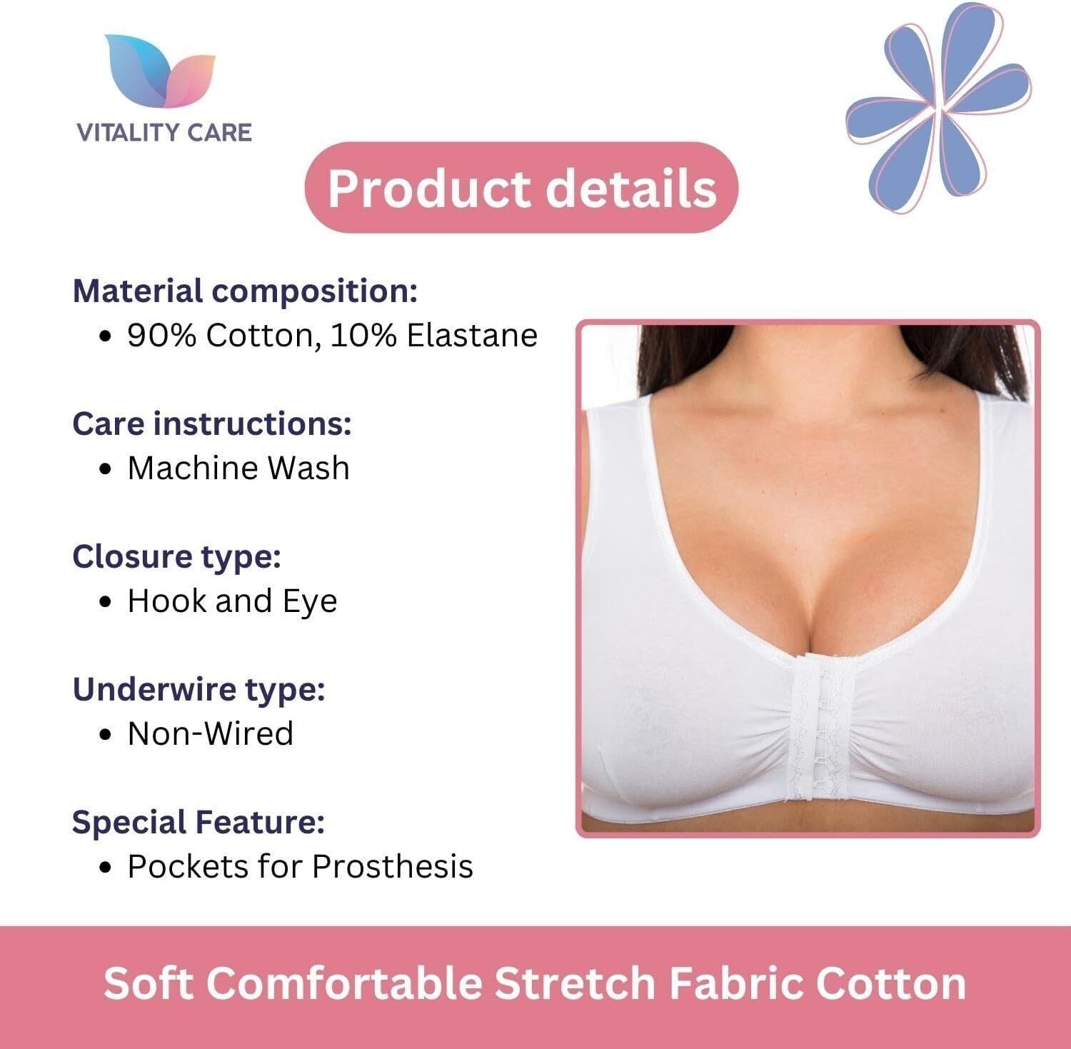 Mastectomy Front Fastening Bra for Women with Prosthesis Pockets Wireless Cotton